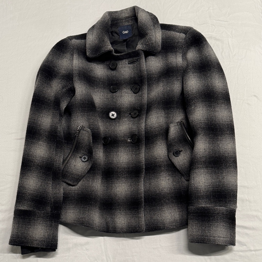 GAP Women's Charcoal Plaid Pea Coat